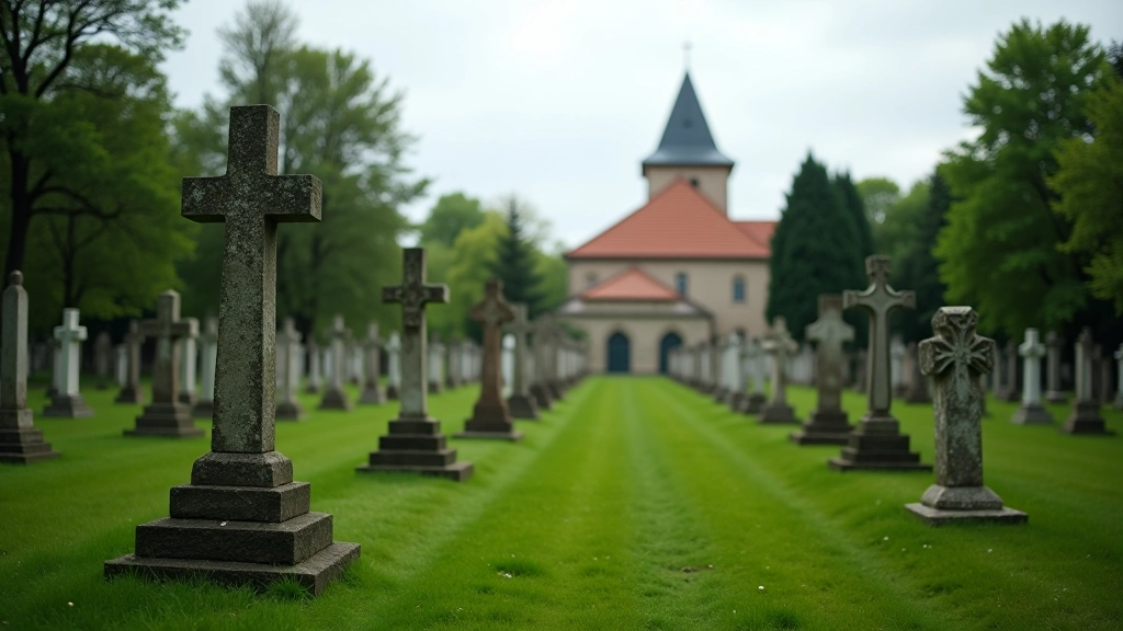 Viduslaiku kapsētas ainava ar daudziem krustiem un mājām dūmiem fona dēļ