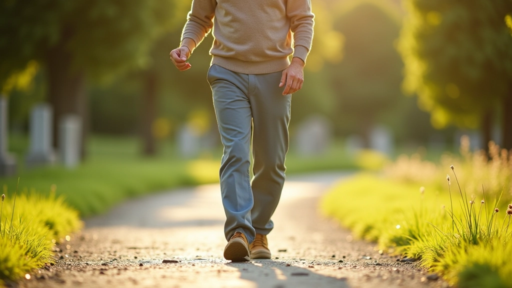 Pensionārs vīrs ar ērtu apģērbu un labu apaviem staigā pa cemeterijuma ceļu, skaidrs saulaini laiks
